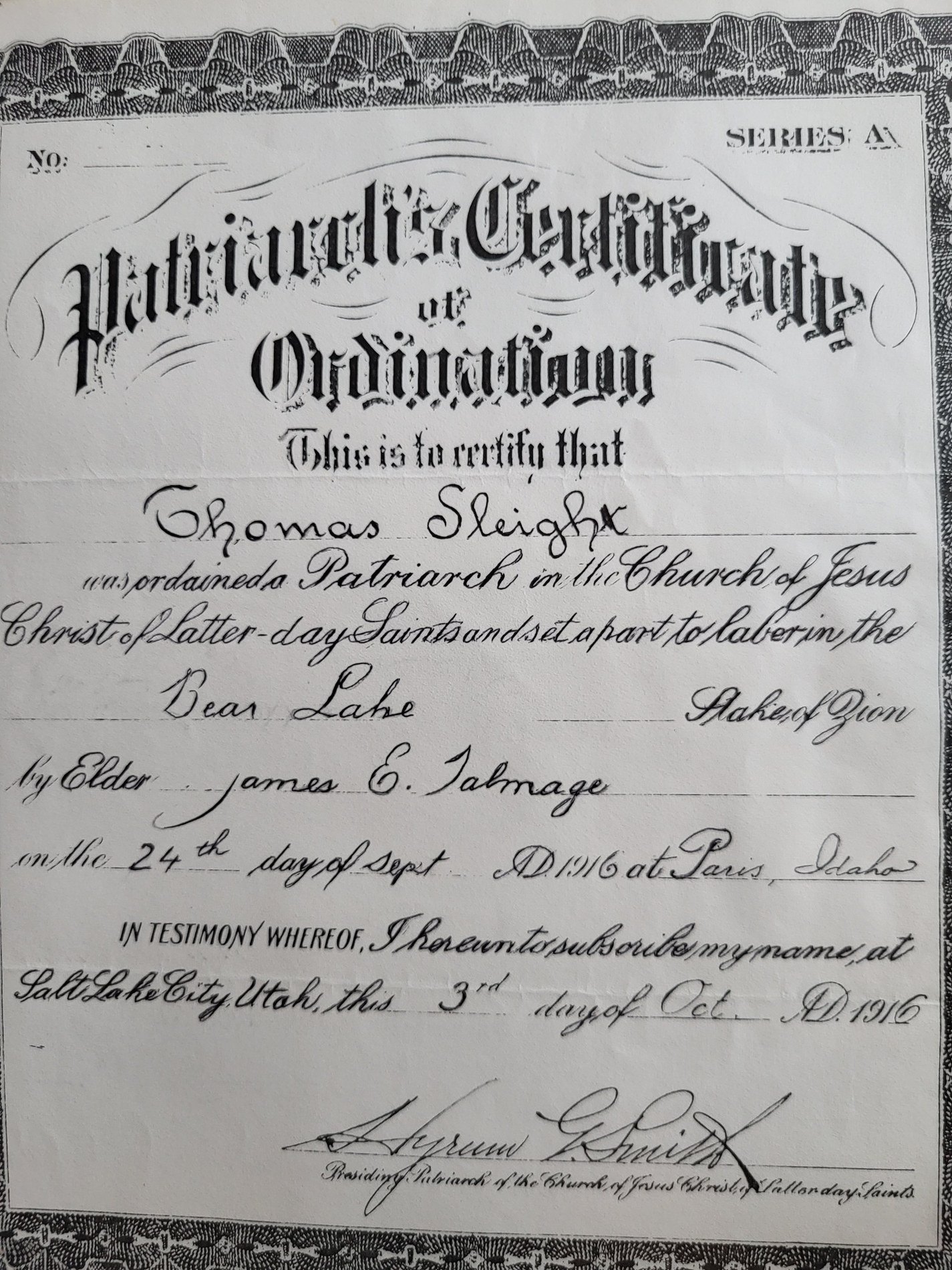 Thomas Sleight patriarch ordination certificate from 1916